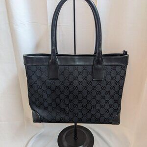 Gucci Black GG Canvas Handbag with Leather Straps and Trim